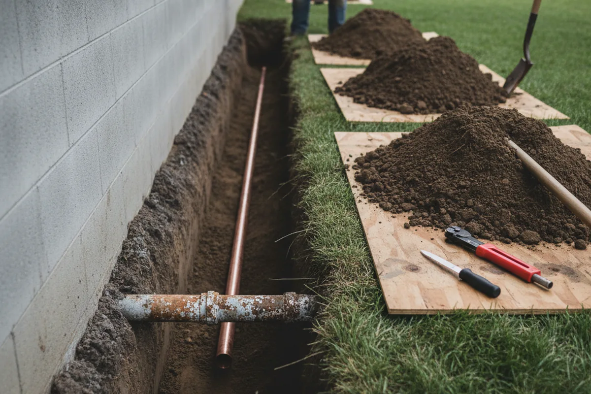 Excavated water line trench during Sewer Line Repair in Sharps